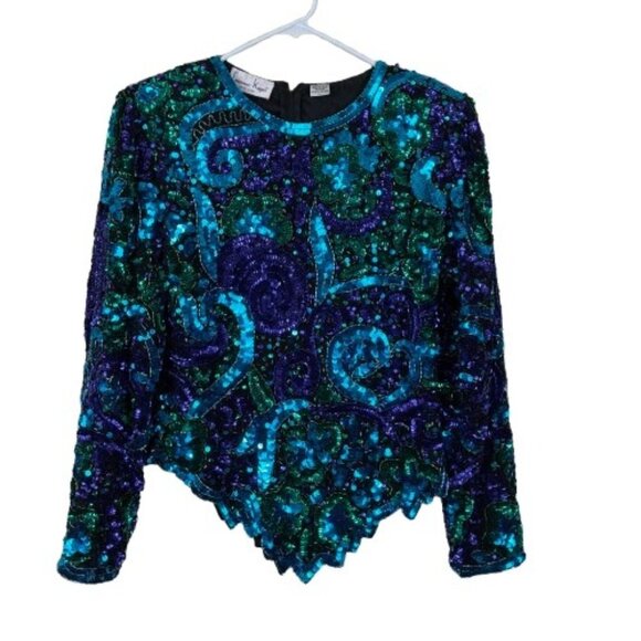 VTG Laurence Kazar 100% Silk Sequined Top Sz Large Retro Party Glam - Picture 1 of 9